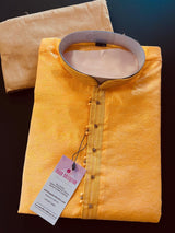 Turmeric Yellow men's kurta pajama in soft silk (non-pure) with floral self-design — Kaash Collection
