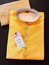 Turmeric Yellow men's kurta pajama in soft silk (non-pure) with floral self-design — Kaash Collection