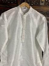 White Color Raw Silk Indian Men Short Kurta - Kaash