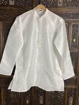 White Color Raw Silk Indian Men Short Kurta - Kaash