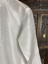 White Color Raw Silk Indian Men Short Kurta - Kaash