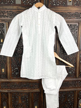 White Cotton Lucknowi Chikankari Kurta Pajama for Boys - Kaash
