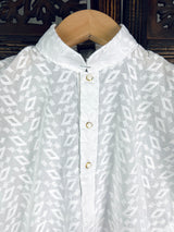 White Cotton Lucknowi Chikankari Kurta Pajama for Boys - Kaash