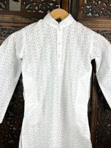 White Cotton Lucknowi Chikankari Kurta Pajama for Boys - Kaash