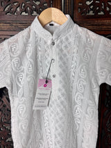 White Boys Georgette Chikankari 2-piece kurta pajama set for boys with lucknowi chikankari on georgette — Kaash Collection