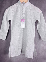 White Kurta Pajama for Boys in Georgette Material with Lucknowi Chikankari Work - Kaash