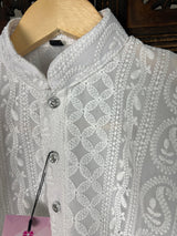 White Kurta Pajama for Boys in Georgette Material with Lucknowi Chikankari Work - Kaash
