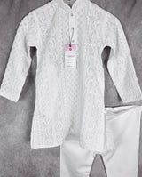 White Kurta Pajama for Boys in Georgette Material with Lucknowi Chikankari Work - Kaash