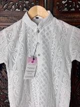 White Kurta Pajama for Boys in Georgette Material with Lucknowi Chikankari Work - Kaash