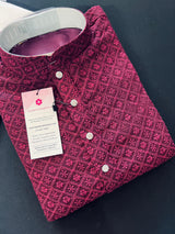 Wine Color Chikankari Lucknowi Georgette Men Kurta Pajama Set with Lining | Chikhankari Kurtas | Mens Ethnic Wear | Kaash Kurta Set - Kaash