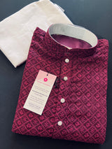 Wine Color Chikankari Lucknowi Georgette Men Kurta Pajama Set with Lining | Chikhankari Kurtas | Mens Ethnic Wear | Kaash Kurta Set - Kaash