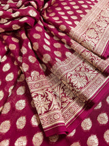 Wine Color Pure Khaadi Georgette Silk Saree with small Gold buttis and Grand Pallu | Pure Georgette Sari | SILK MARK CERTIFIED | Kaash Collection - Kaash