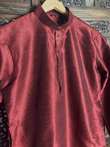 Wine men's short kurta in raw silk with short kurta (no pajama) — Kaash Collection