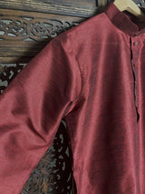 Wine Color Raw Silk Indian Men Short Kurta - Kaash