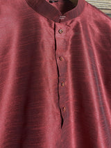 Wine Color Raw Silk Indian Men Short Kurta - Kaash