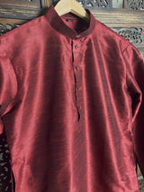 Wine Color Raw Silk Indian Men Short Kurta - Kaash