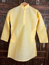 Yellow Color Cotton Kurta Pajama Set for Boys with Lucknowi Chikankari Work - Kaash