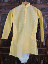 Yellow Color Cotton Kurta Pajama Set for Boys with Lucknowi Chikankari Work - Kaash