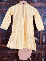 Yellow Color Kurta Pajama for Boys in Georgette material with Lucknowi Chikankari Work - Kaash