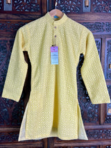Yellow Color Kurta Pajama for Boys in Georgette material with Lucknowi Chikankari Work | Boys Kurta Pajama | Boys Kurtas | Kaash Collection - Kaash