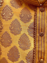 Yellow Mustard Gold Silk Men Kurta Pajama with Weave Work - Kaash