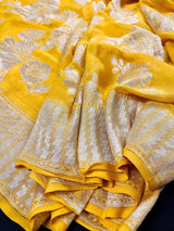 Yellow pure khaddi georgette banarasi silk saree with muted gold zari weave — Kaash Collection