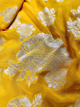 Yellow pure khaddi georgette banarasi silk saree with muted gold zari weave — Kaash Collection