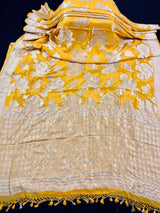 Yellow pure khaddi georgette banarasi silk saree with muted gold zari weave — Kaash Collection