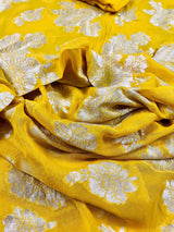 Yellow Pure Georgette Banarasi Saree with Muted Gold Zari | Pure Khaadi Georgette | Floral Jaal Saree in Georgette | SILK MARK CERTIFIED - Kaash