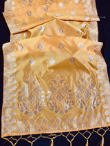 Yellow Silk Designer with Tint of Orange dupatta in silk with designer with zari weaving — Kaash Collection