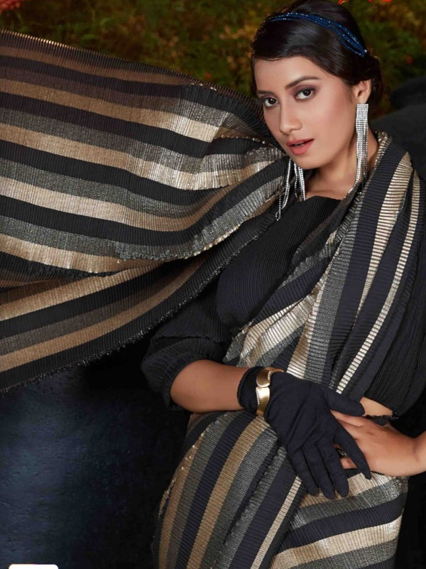 Party Wear Saree in Black, Grey and Gold Color Foil and Plitting Work | Silk Saree