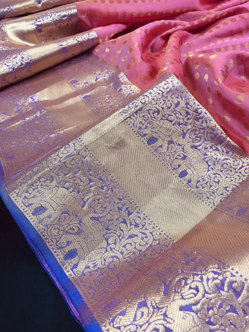 Pink Pure Kanjivaram Soft Silk Handloom Saree with Purple Pallu and Blouse | SILK MARK CERTIFIED | Kaash Collection - Kaash Collection