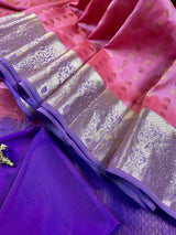 Pink Pure Kanjivaram Soft Silk Handloom Saree with Purple Pallu and Blouse | SILK MARK CERTIFIED | Kaash Collection - Kaash Collection