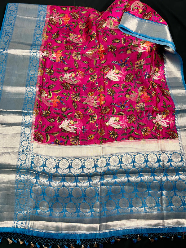 Magenta Pink and Sky blue Pure Chiniya Silk Saree with Floral Digital Prints | Statement Sarees | Banarasi Chiniya Silk Saree