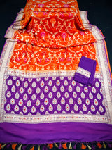 Orange and Purple Pure Khaddi Georgette Banarasi Saree in Paithani Border and Meenakari Floral Jaal  | SILK MARK CERTIFIED