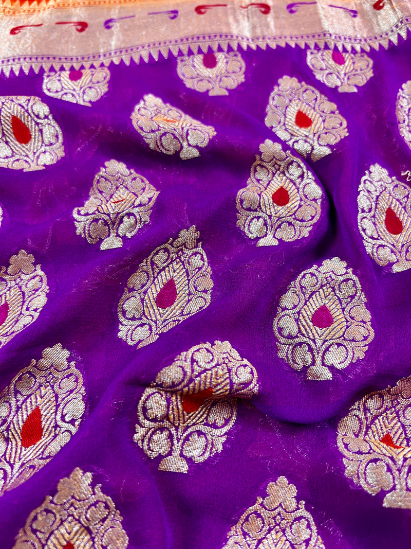 Orange and Purple Pure Khaddi Georgette Banarasi Saree in Paithani Border and Meenakari Floral Jaal  | SILK MARK CERTIFIED