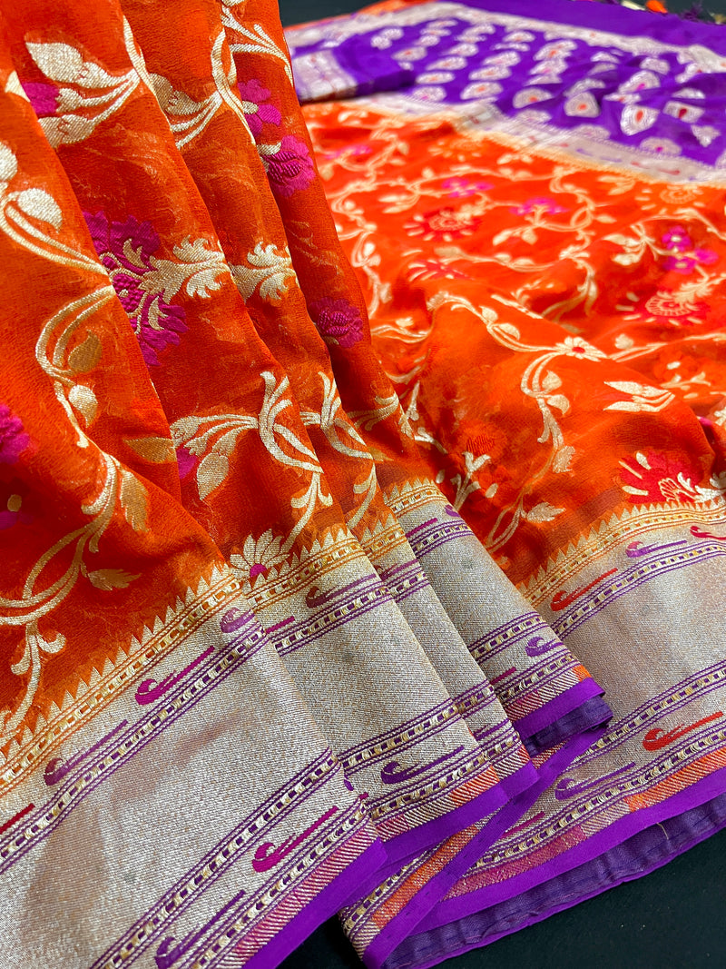 Orange and Purple Pure Khaddi Georgette Banarasi Saree in Paithani Border and Meenakari Floral Jaal  | SILK MARK CERTIFIED