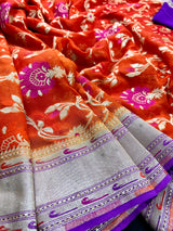 Orange and Purple Pure Khaddi Georgette Banarasi Saree in Paithani Border and Meenakari Floral Jaal  | SILK MARK CERTIFIED