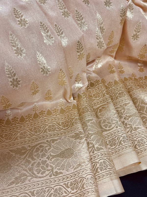 Handmade Pastel Beige Semi Mashru Silk in Sliver Zari with Floral buttis Design | Banarasi Silk Saree | Soft Silk Sarees