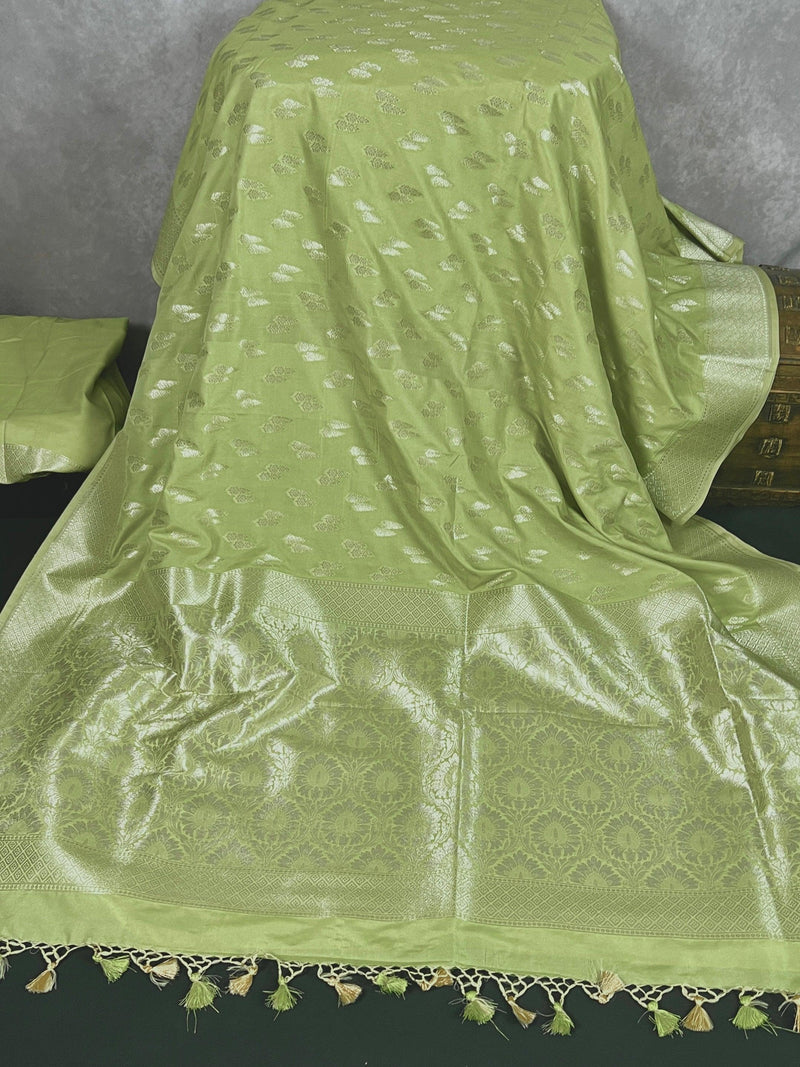 Handmade Pastel Pista Green Semi Mashru Silk in Sliver Zari with Floral buttis Design | Banarasi Silk Saree | Soft Silk Sarees