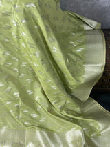 Handmade Pastel Pista Green Semi Mashru Silk in Sliver Zari with Floral buttis Design | Banarasi Silk Saree | Soft Silk Sarees