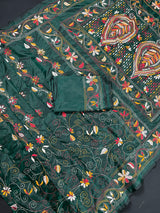 Bottle Green Bangalori Silk Saree with Hand Kantha Stitch | Handwoven Kantha Stitch Sarees | Kantha Saress | Silk Sarees | Bengal Sarees