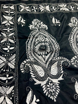Black and White Color Bangalori Silk Saree with Handwoven Kantha Stitch Work | | Kantha Saree | Silk Sarees | Bengal Saree | Black Sari