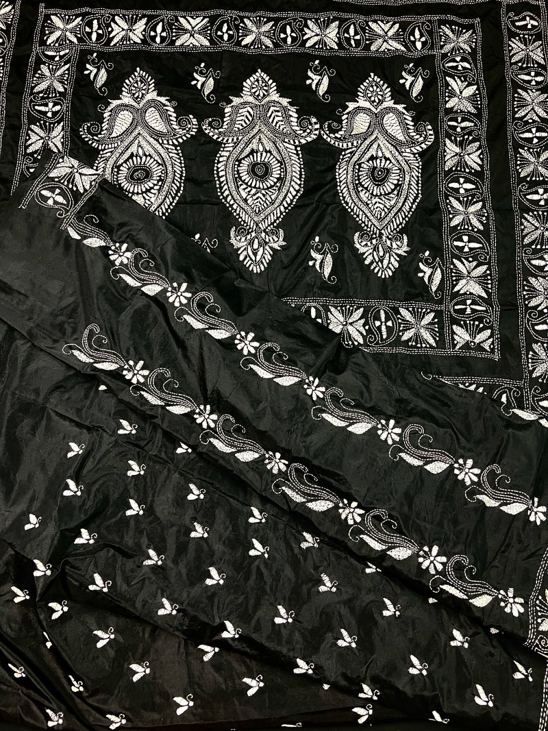 Black and White Color Bangalori Silk Saree with Handwoven Kantha Stitch Work | | Kantha Saree | Silk Sarees | Bengal Saree | Black Sari