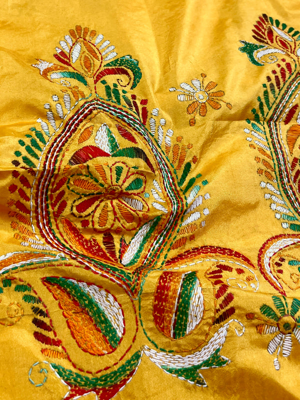 Mango Yellow Bangalori Silk Saree with Hand Kantha Stitch | Handwoven Kantha Stitch Sarees | Kantha Saress | Silk Sarees | Bengal Sarees