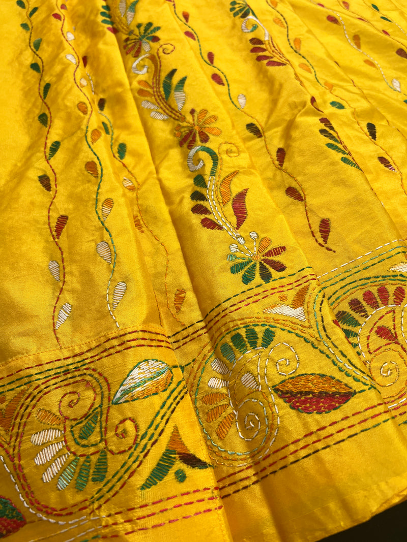 Mango Yellow Bangalori Silk Saree with Hand Kantha Stitch | Handwoven Kantha Stitch Sarees | Kantha Saress | Silk Sarees | Bengal Sarees