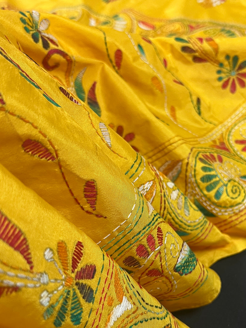 Mango Yellow Bangalori Silk Saree with Hand Kantha Stitch | Handwoven Kantha Stitch Sarees | Kantha Saress | Silk Sarees | Bengal Sarees
