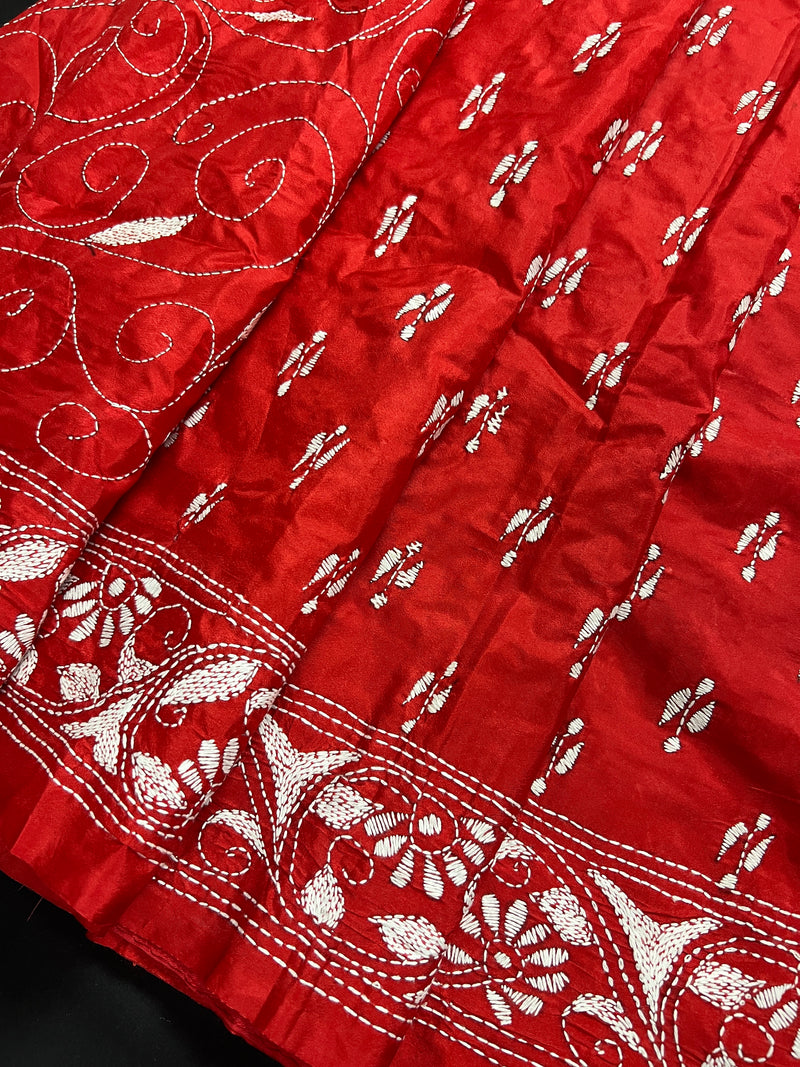 Red Color Bangalori Silk Saree with Hand Kantha Stitch | Handwoven Kantha Stitch Sarees | Kantha Saress | Silk Sarees | Bengal Sarees
