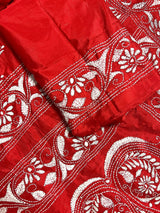 Red Color Bangalori Silk Saree with Hand Kantha Stitch | Handwoven Kantha Stitch Sarees | Kantha Saress | Silk Sarees | Bengal Sarees - Kaash