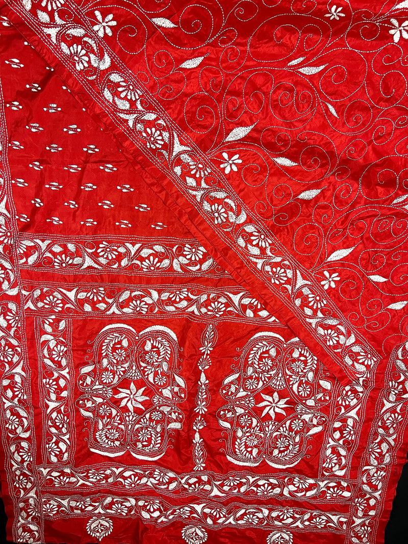 Red Color Bangalori Silk Saree with Hand Kantha Stitch | Handwoven Kantha Stitch Sarees | Kantha Saress | Silk Sarees | Bengal Sarees - Kaash